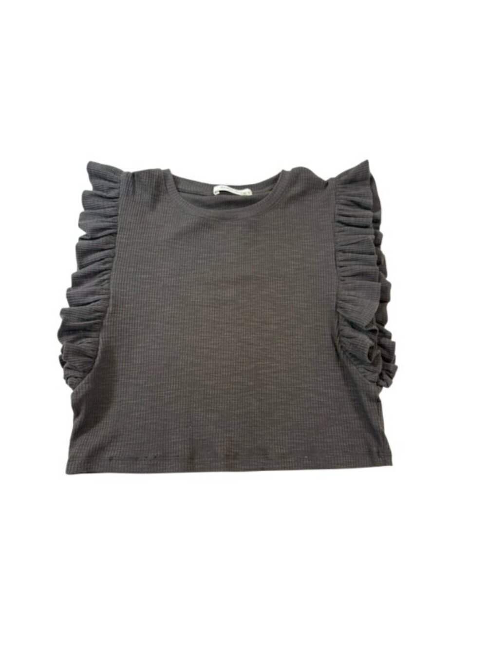 Mustard Seed Women’s Charcoal Gray Sleeveless Ribbed Ruffle Top S (CC1049)
